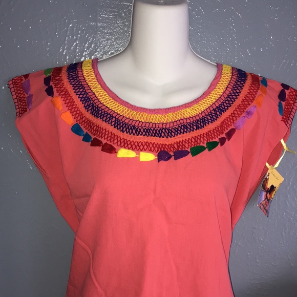 Rainbow Embroidered Mexican Artisan Coral  Top - Picture 6 of 11